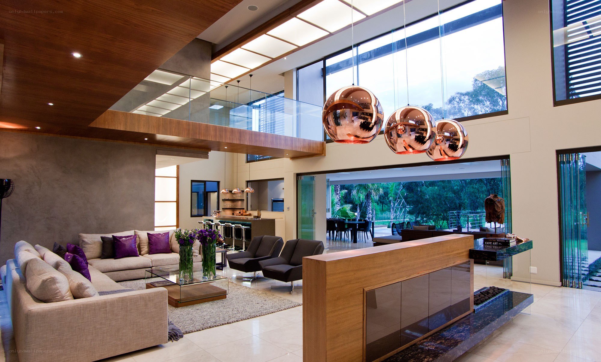 Modern living room with high ceiling