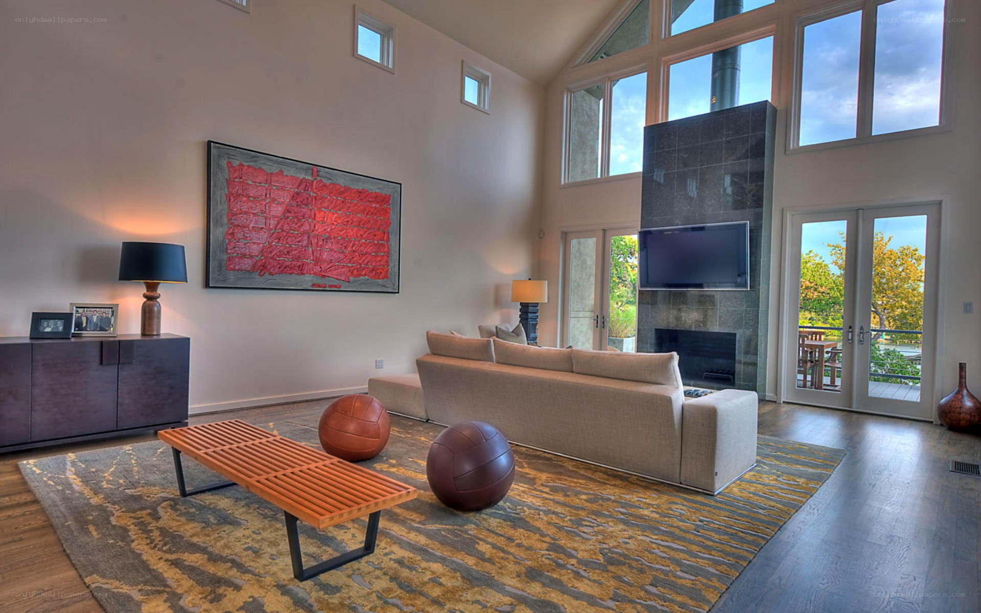Modern living room with high ceiling