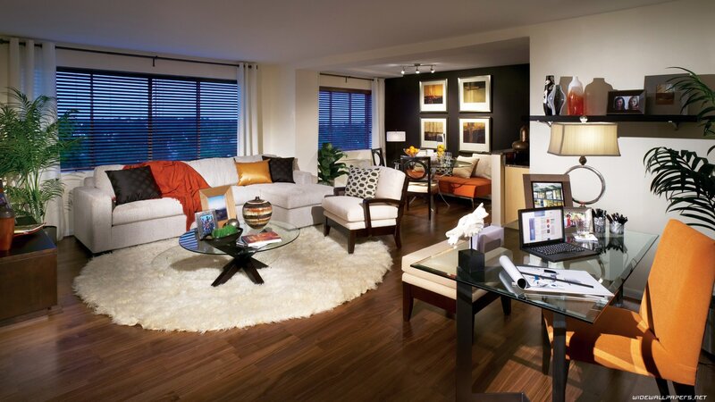 Modern living room with home office