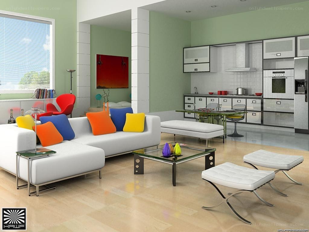Modern living room with kitchen