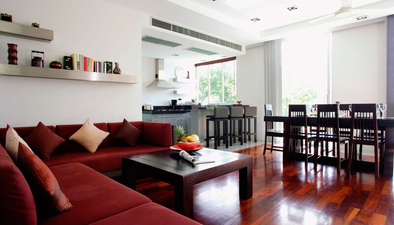 Modern living room with kitchen and dining area