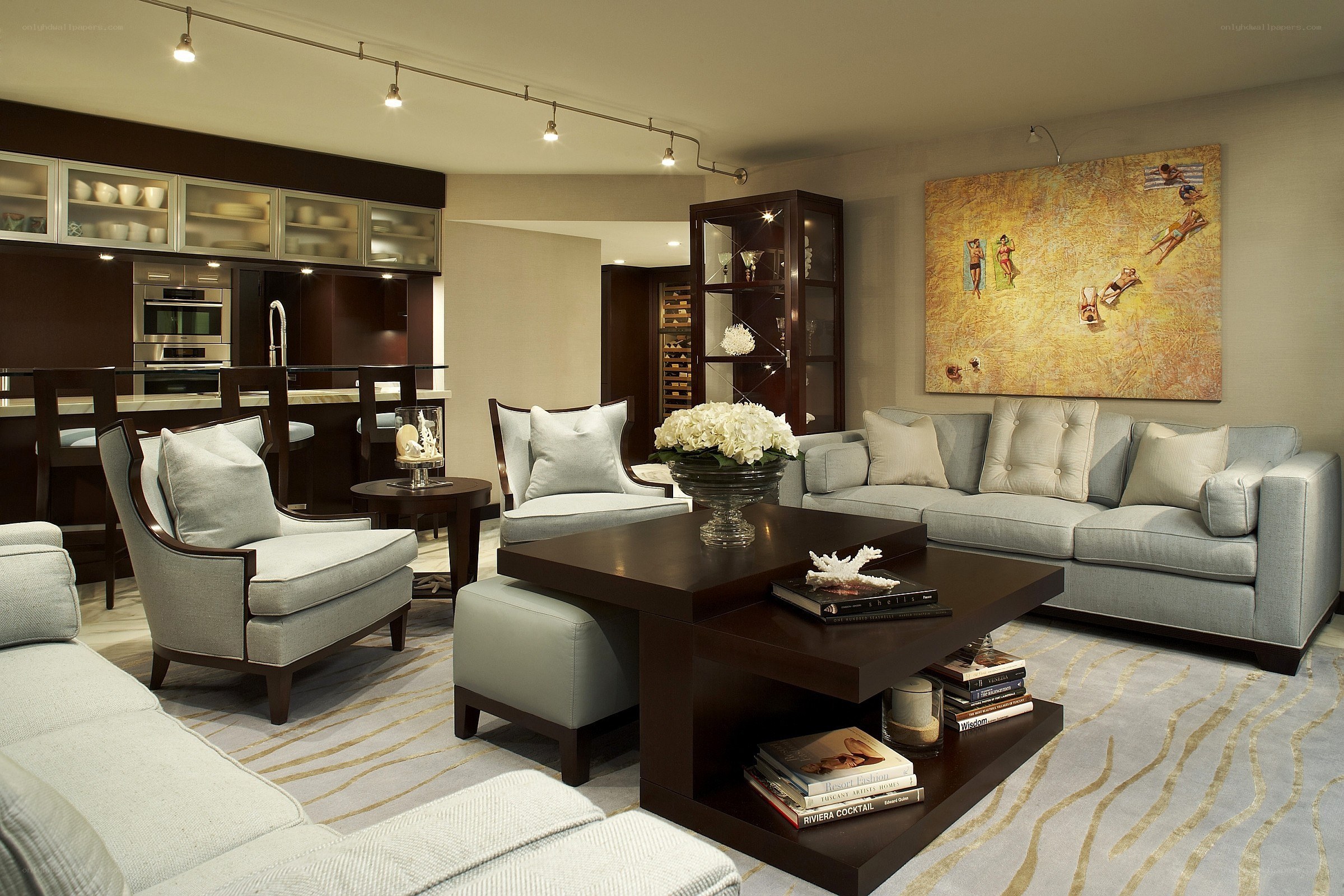 Modern living room with kitchen view