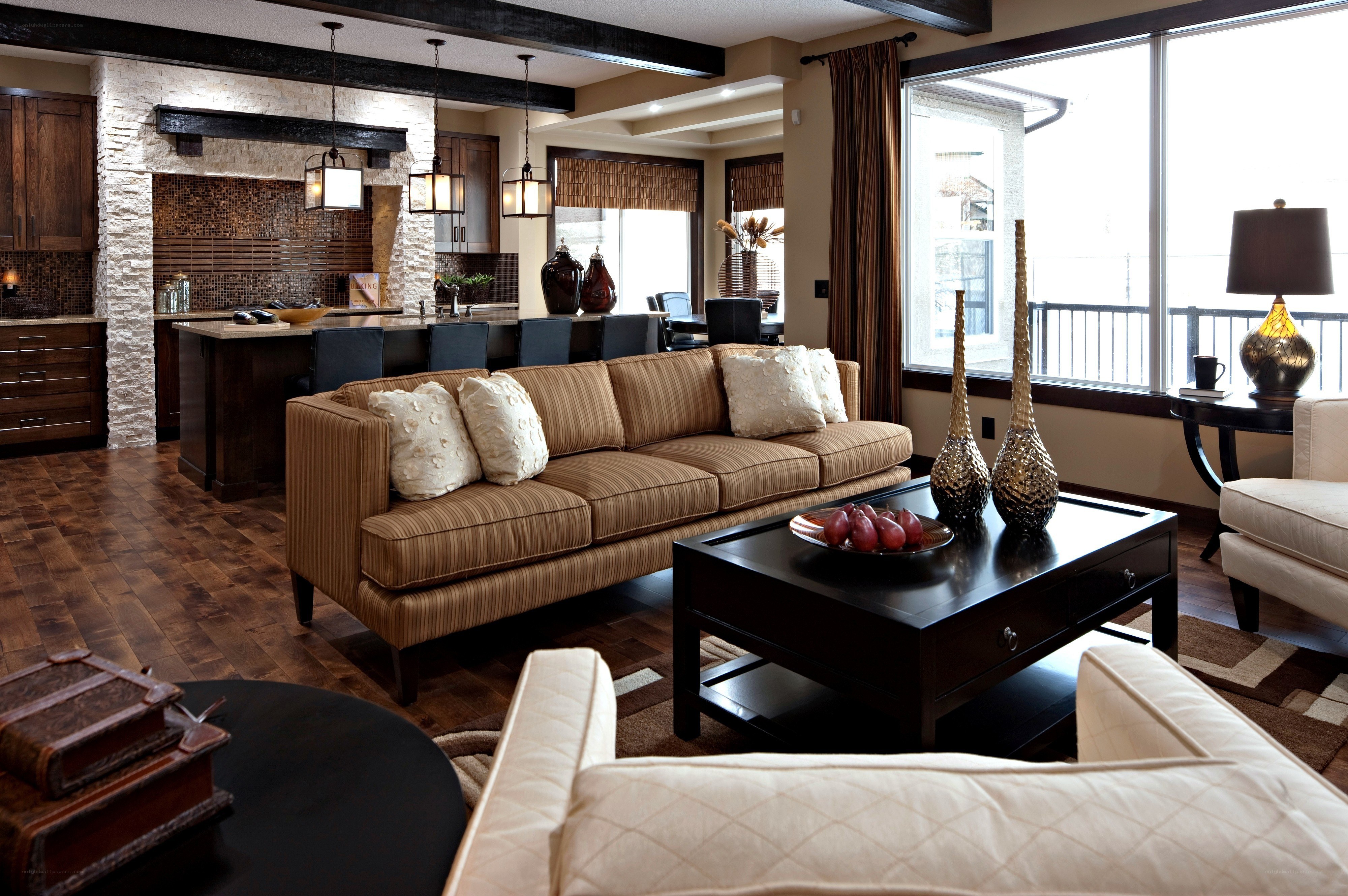 Modern living room with kitchen view