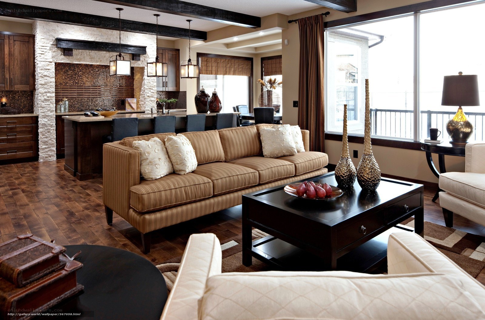 Modern living room with kitchen view