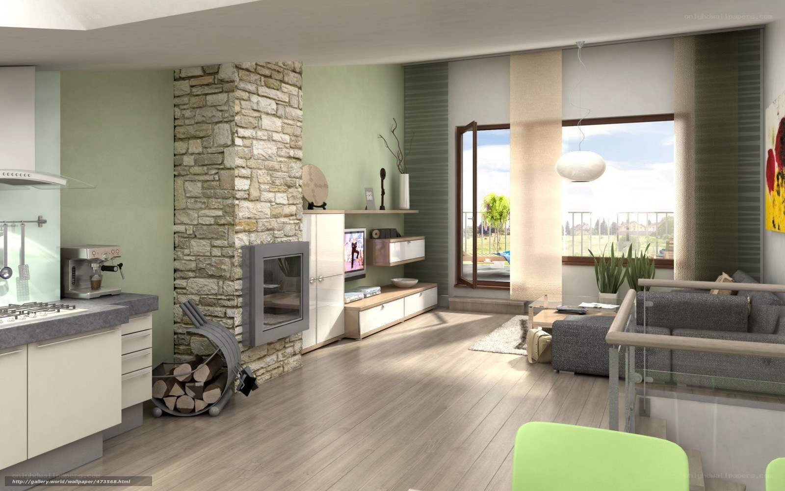 Modern living room with kitchen