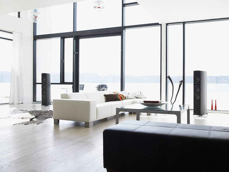 Modern living room with lake view