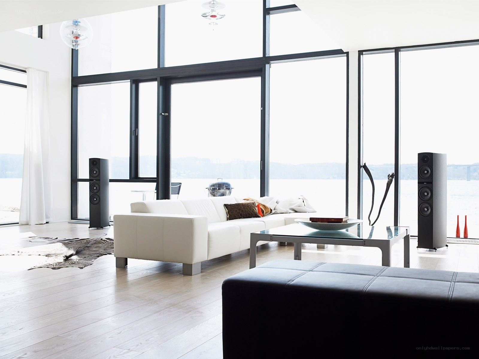 Modern living room with lake view