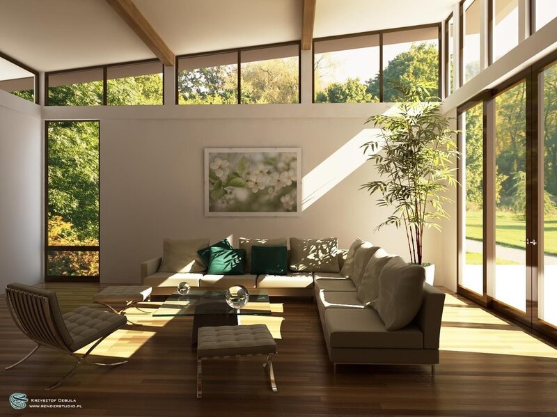 Modern living room with large windows