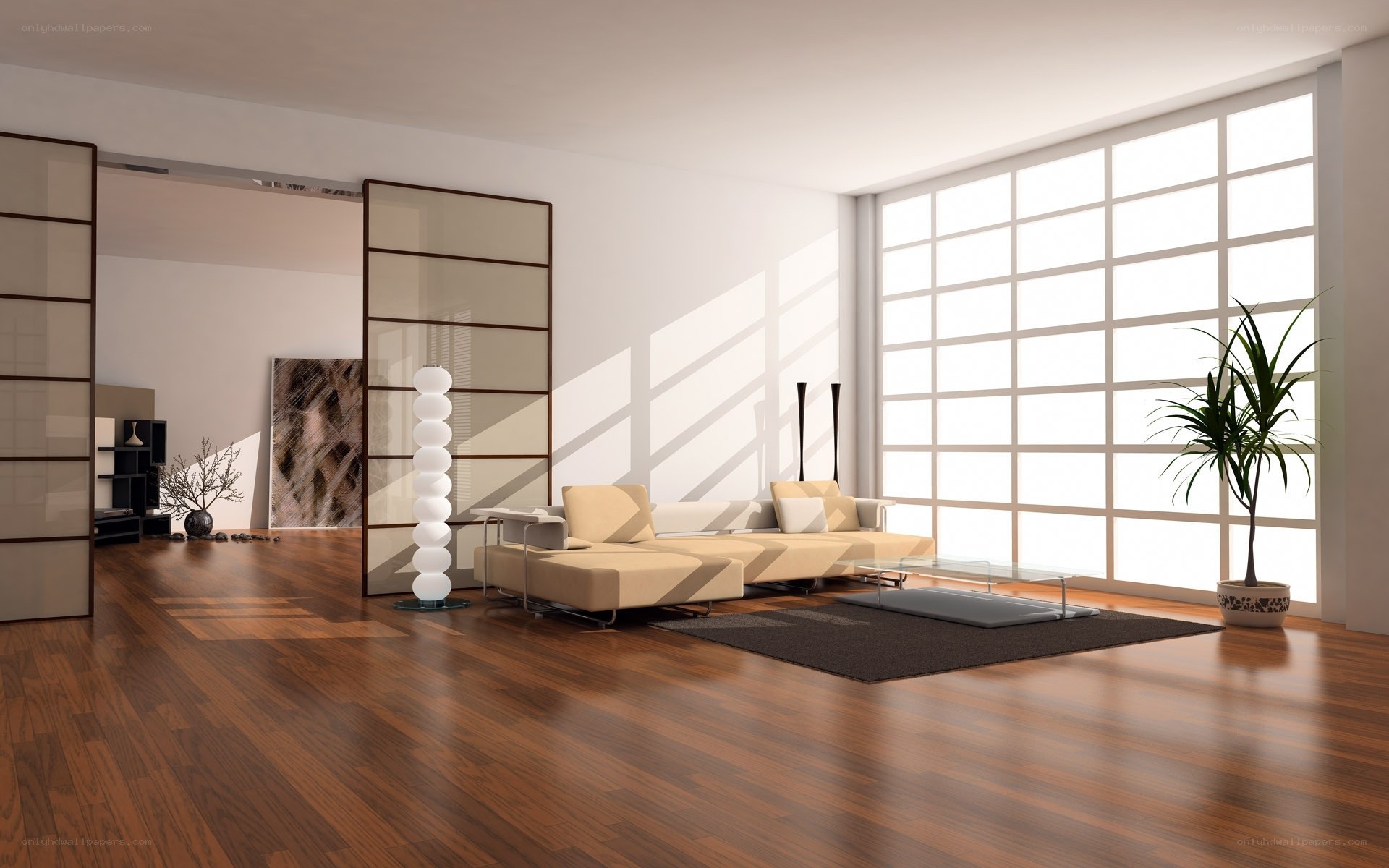 Modern living room with large windows
