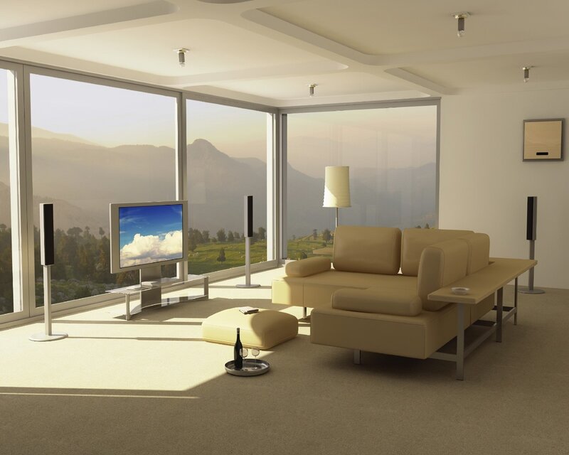 Modern living room with mountain view