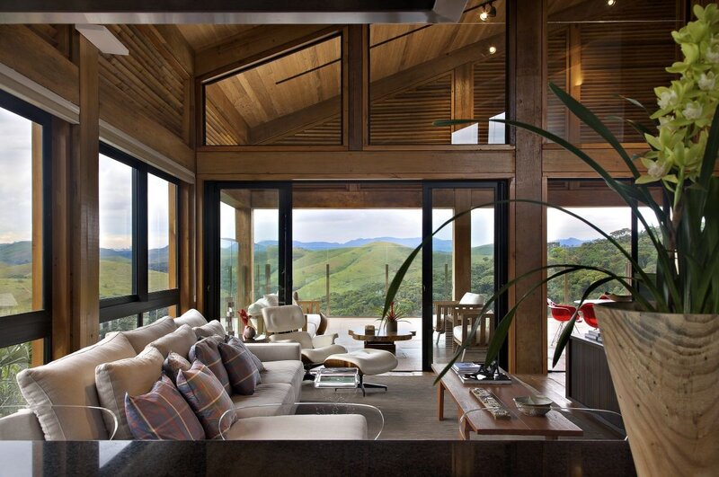 Modern living room with mountain view