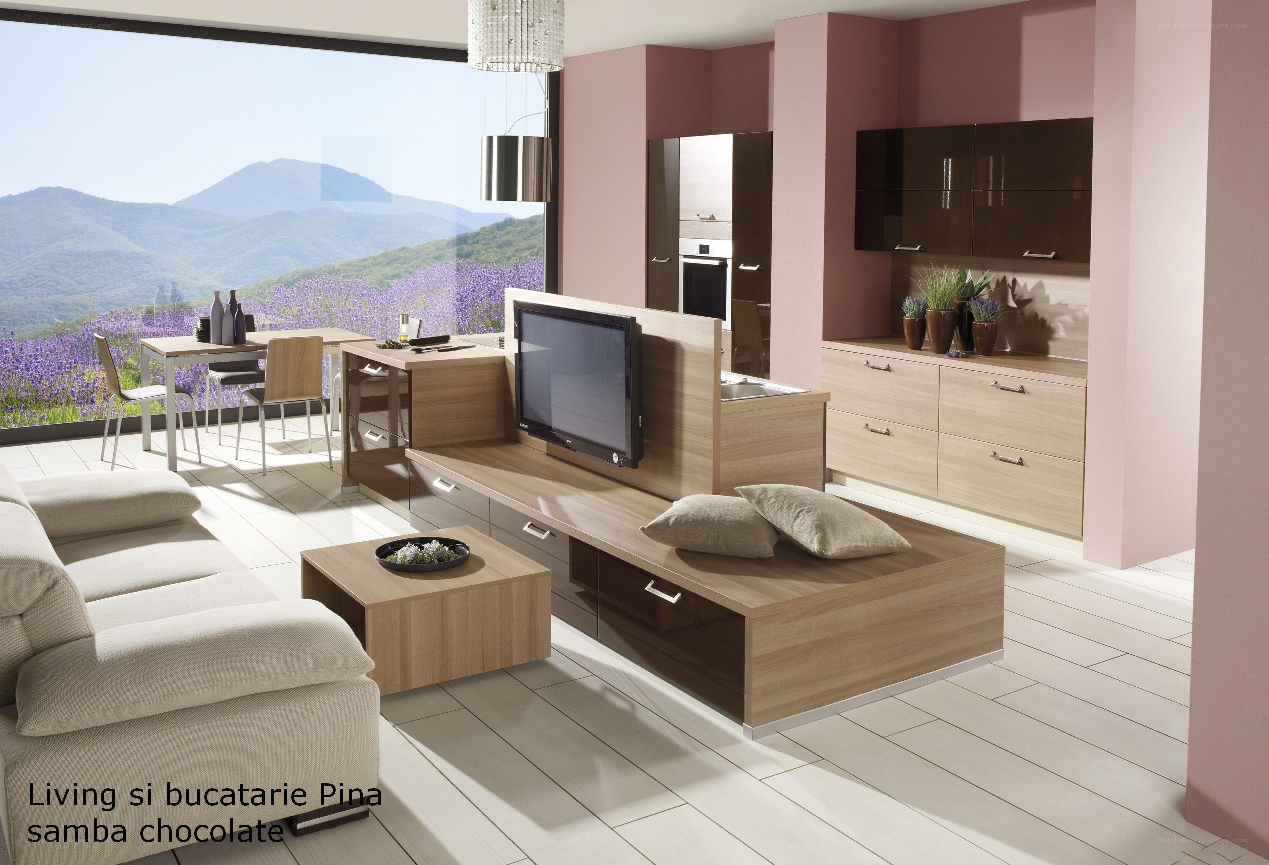 Modern living room with mountain view