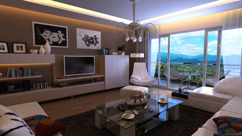 Modern living room with mountain view