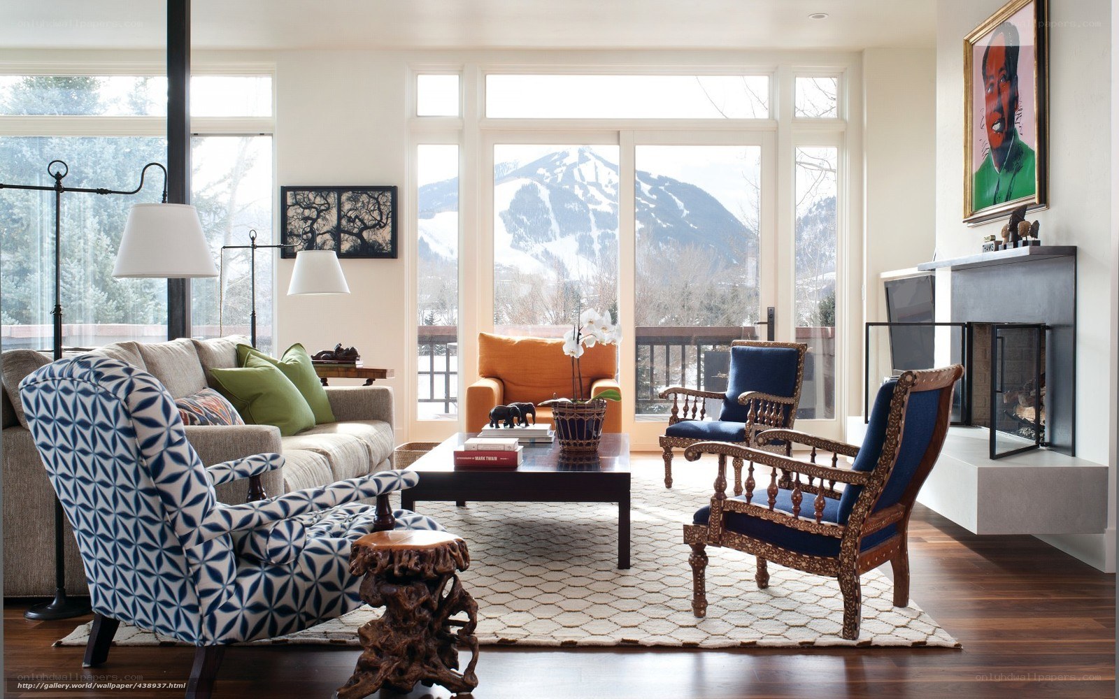 Modern living room with mountain view
