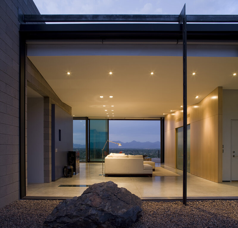 Modern living room with mountain view