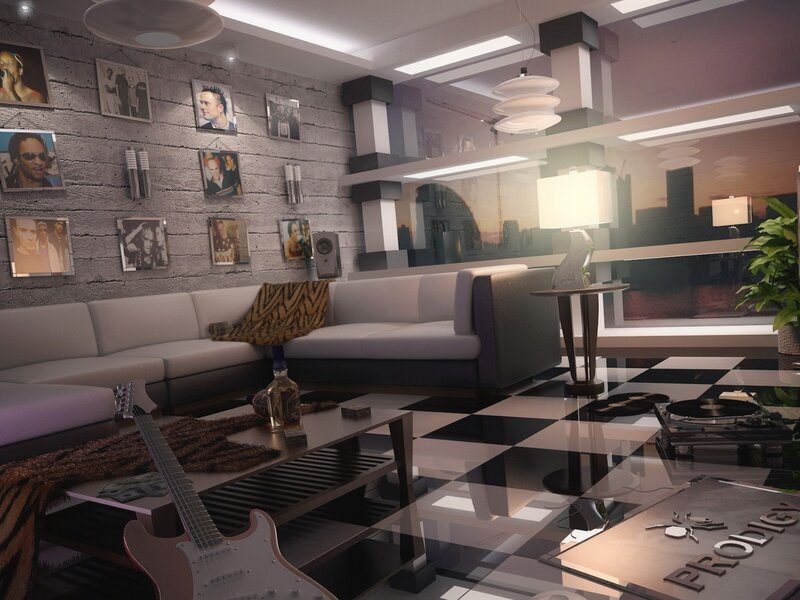 Modern living room with music theme