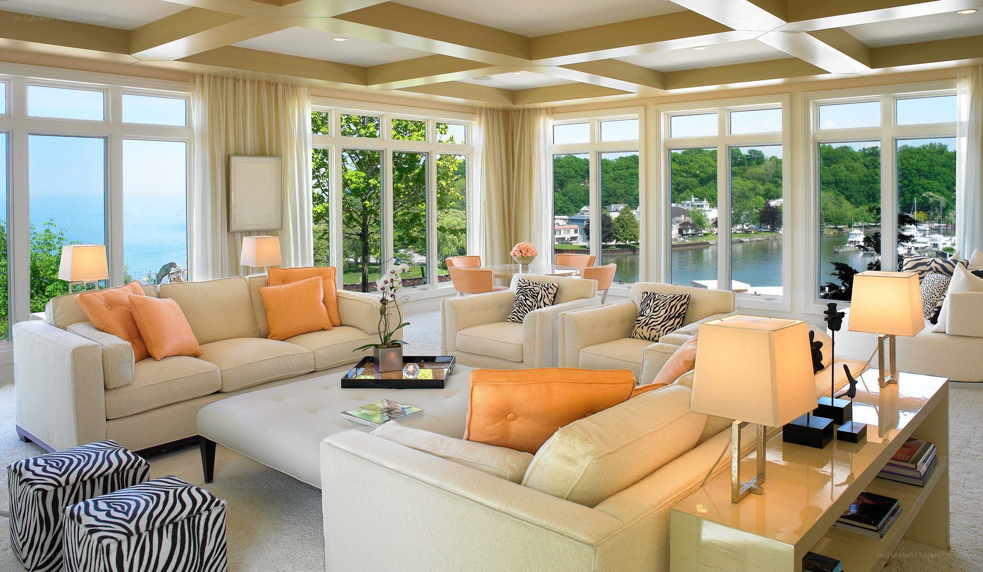 Modern living room with ocean view