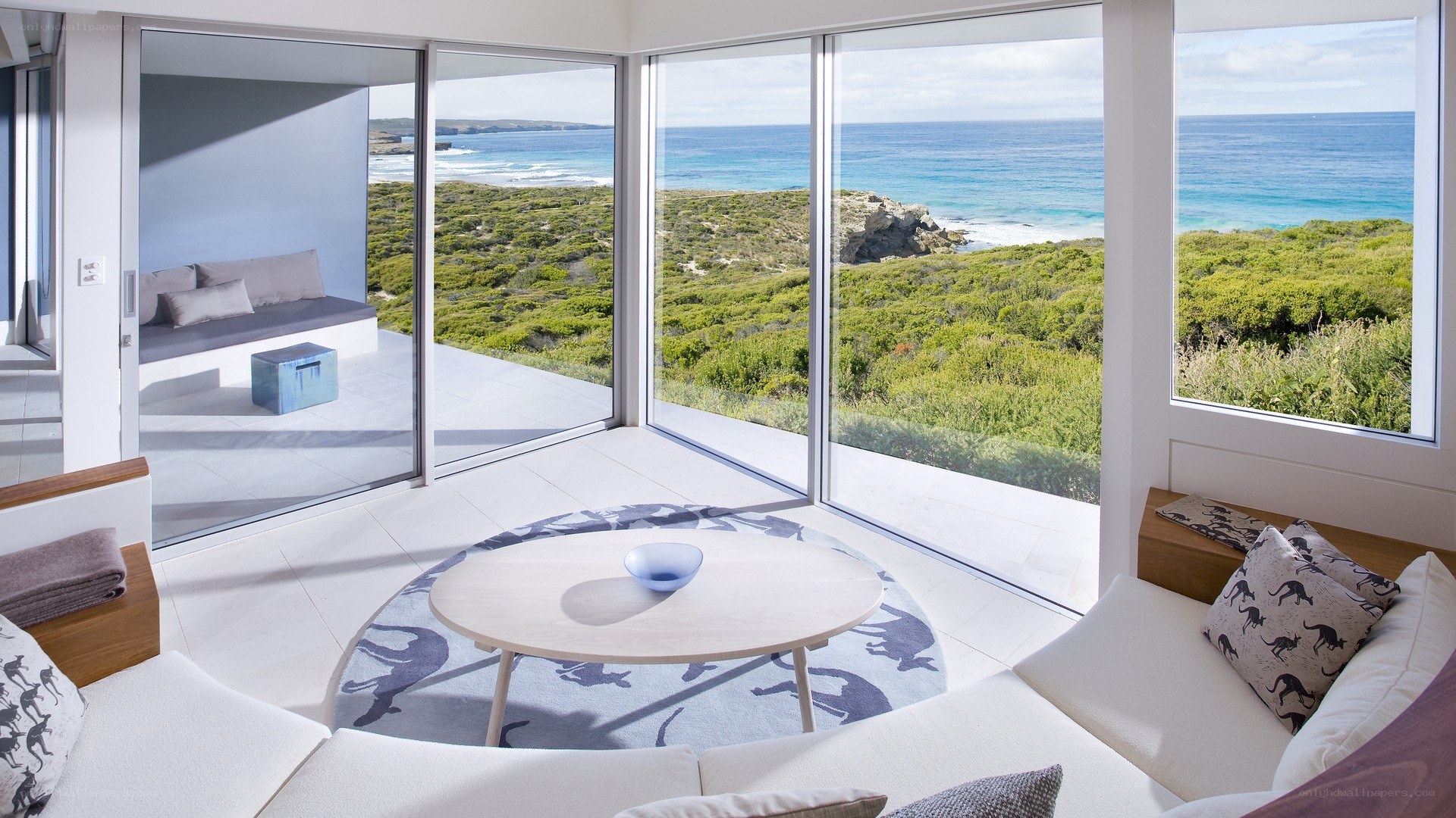 Modern living room with ocean view