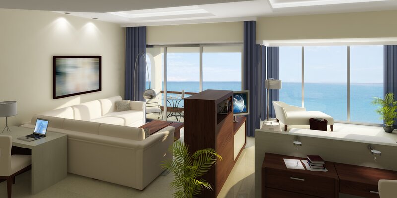 Modern living room with ocean view
