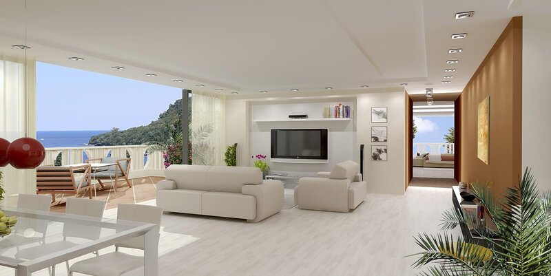 Modern living room with ocean view