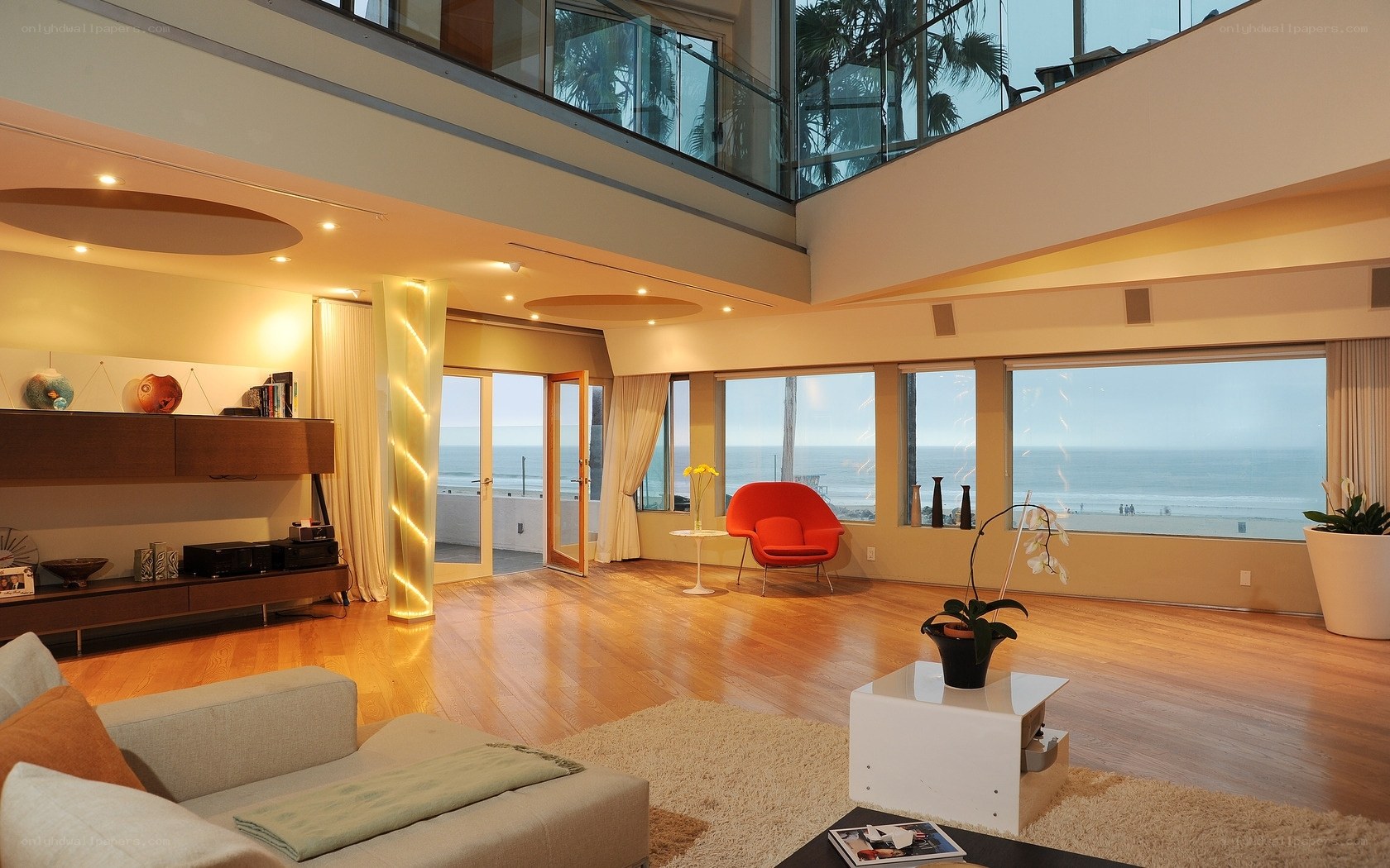 Modern living room with ocean view