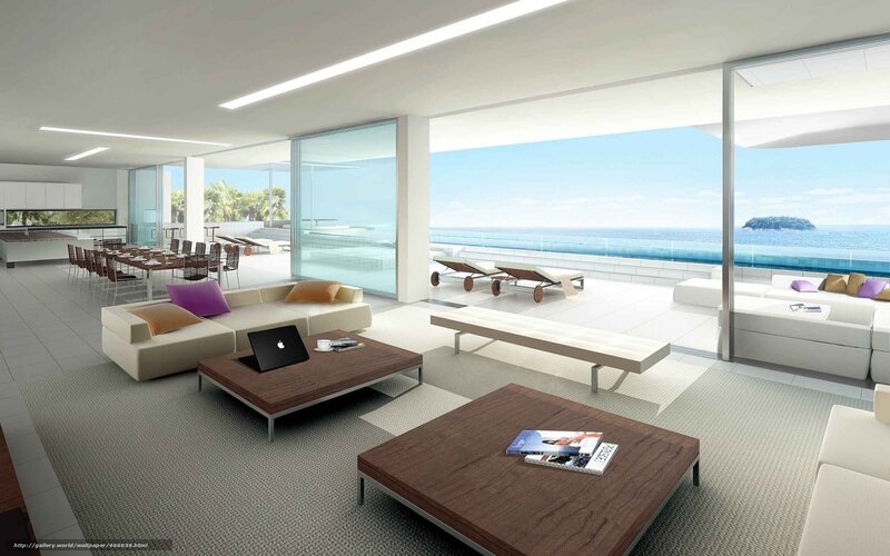 Modern Living Room with Ocean View — White, Serene, Afternoon, 3d Render, Sofa