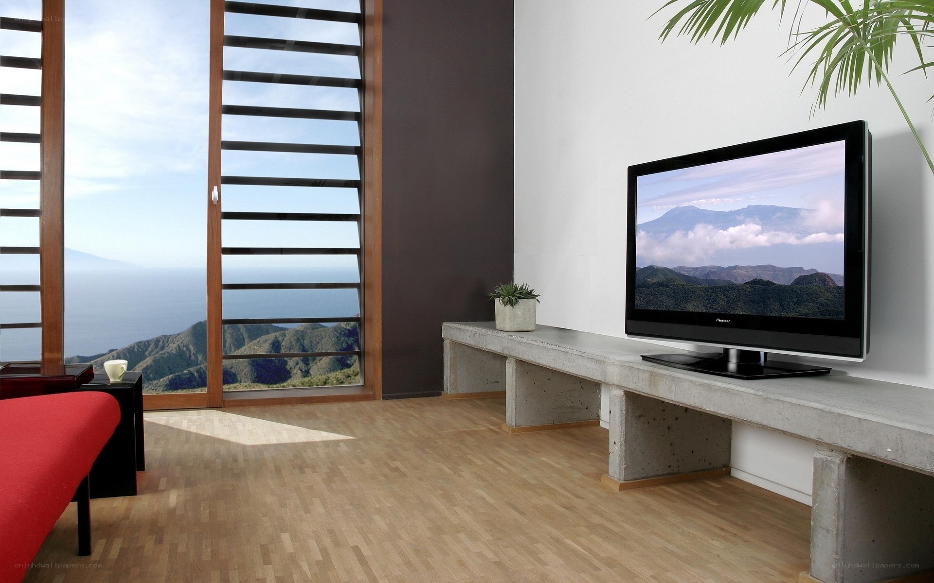 Modern living room with ocean view