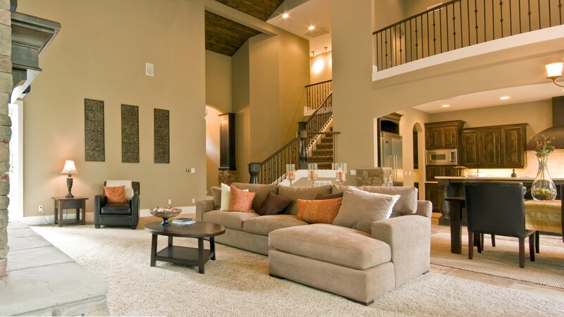 Modern living room with open kitchen