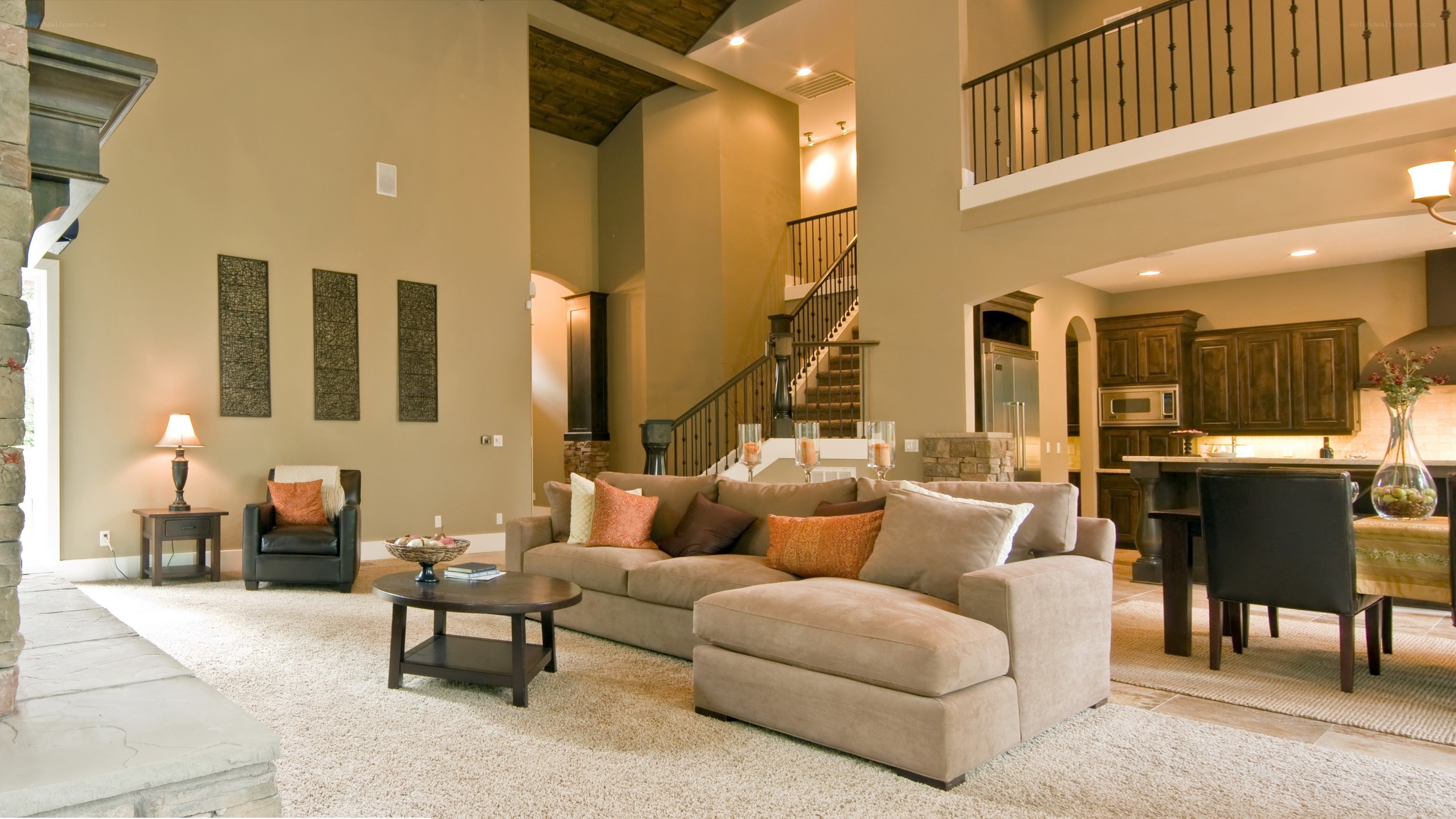 Modern living room with open kitchen