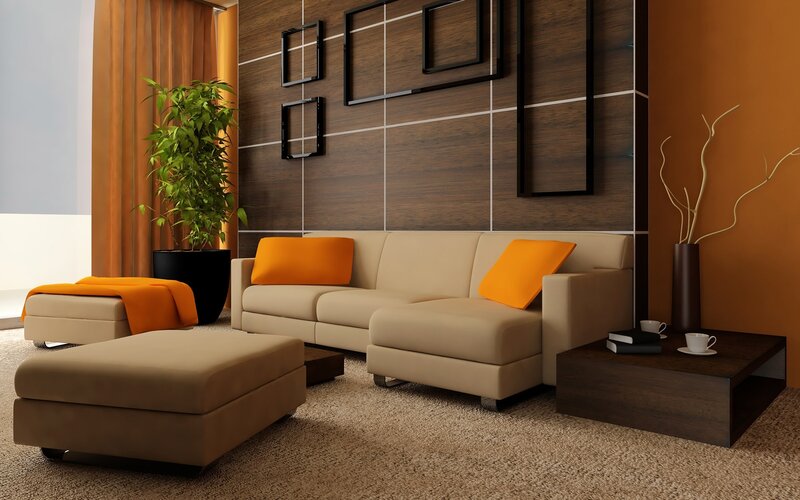 Modern living room with orange accents