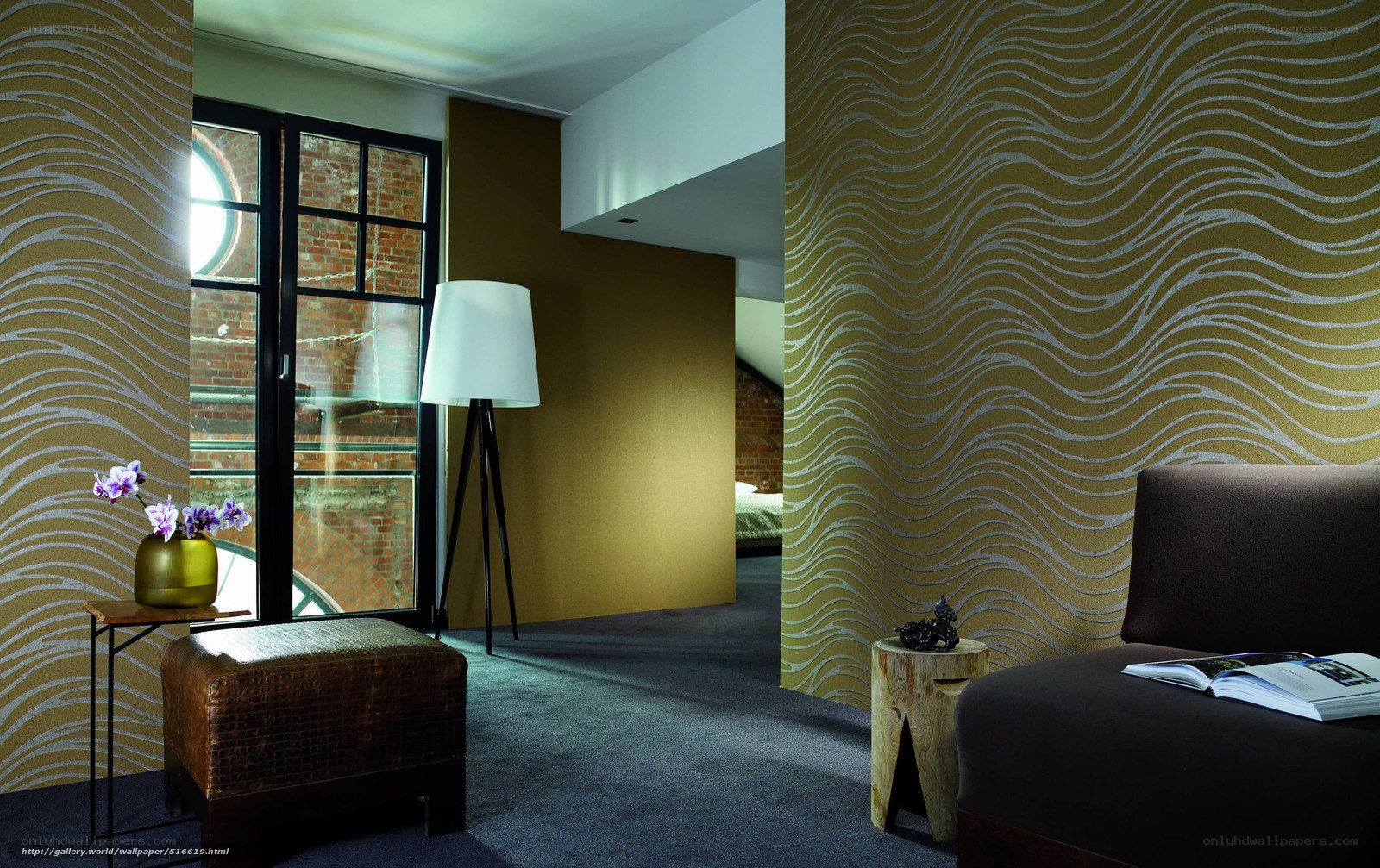 Modern living room with patterned wallpaper
