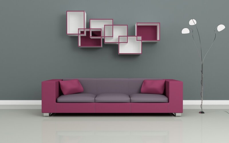 Modern living room with pink sofa