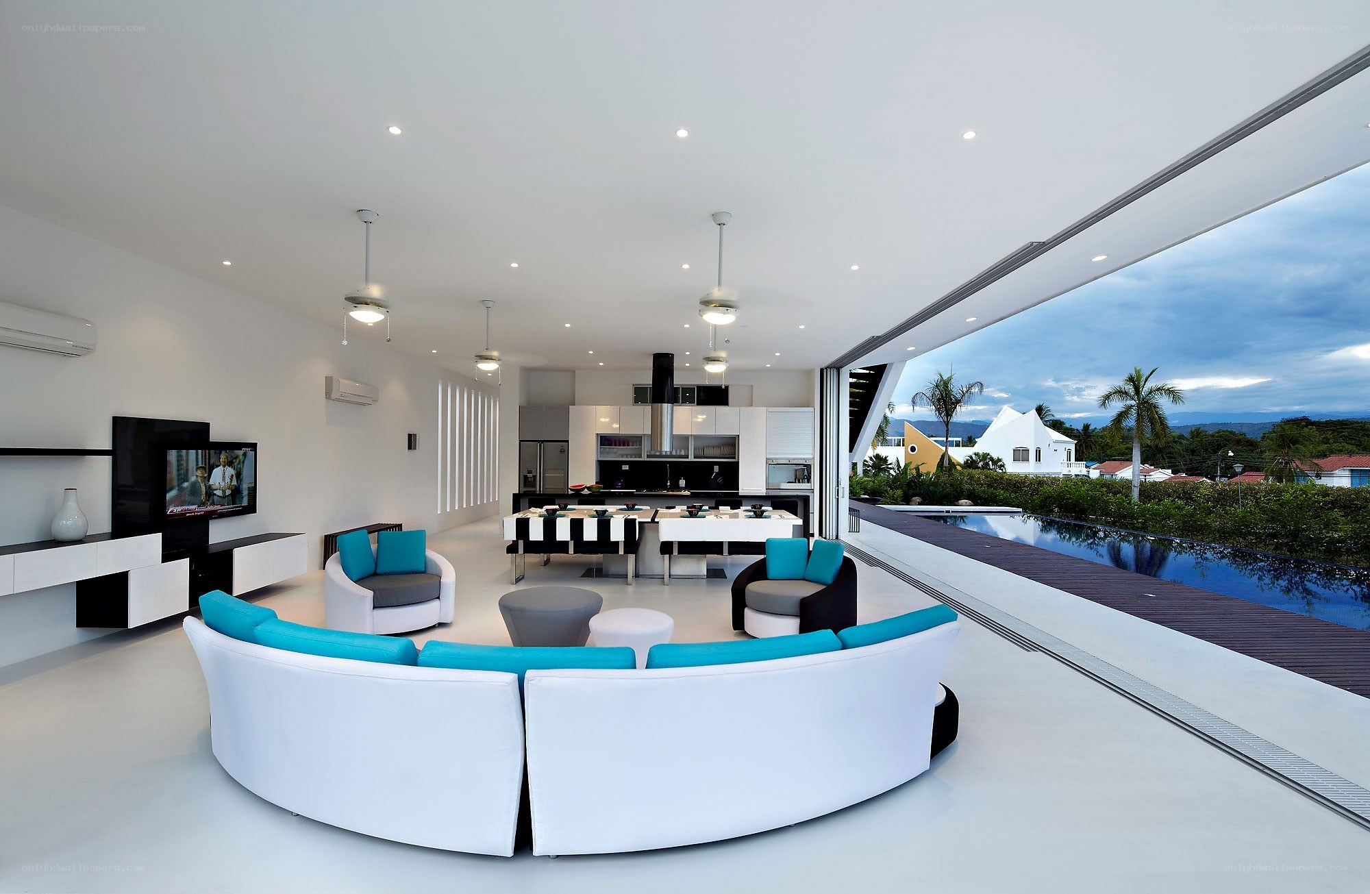 Modern living room with pool view