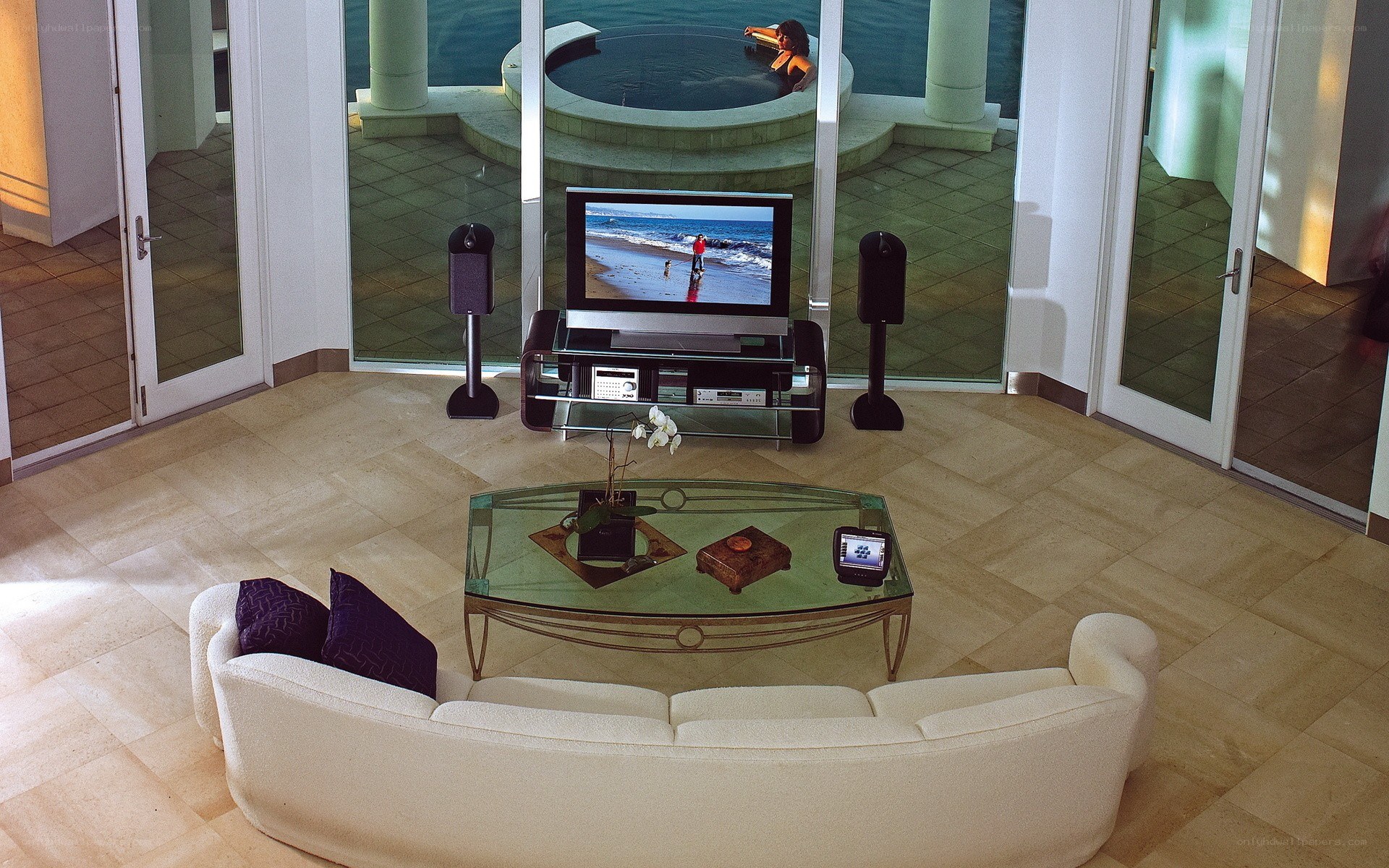 Modern living room with pool view