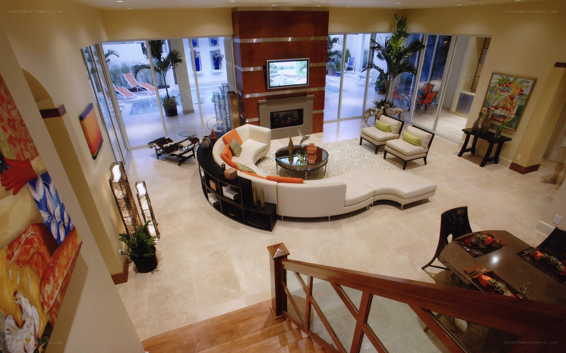 Modern living room with pool view