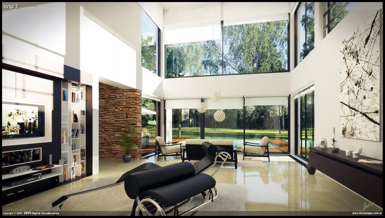 Modern living room with pool view