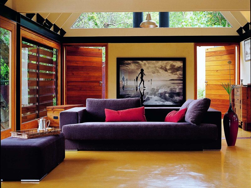 Modern living room with purple sofa