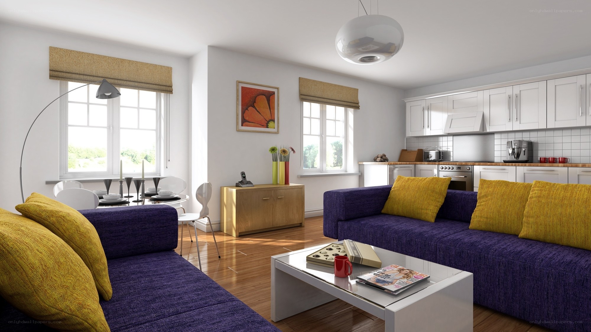 Modern living room with purple sofa