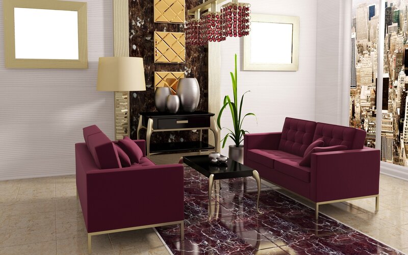 Modern living room with purple sofas