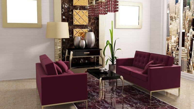 Modern living room with purple sofas