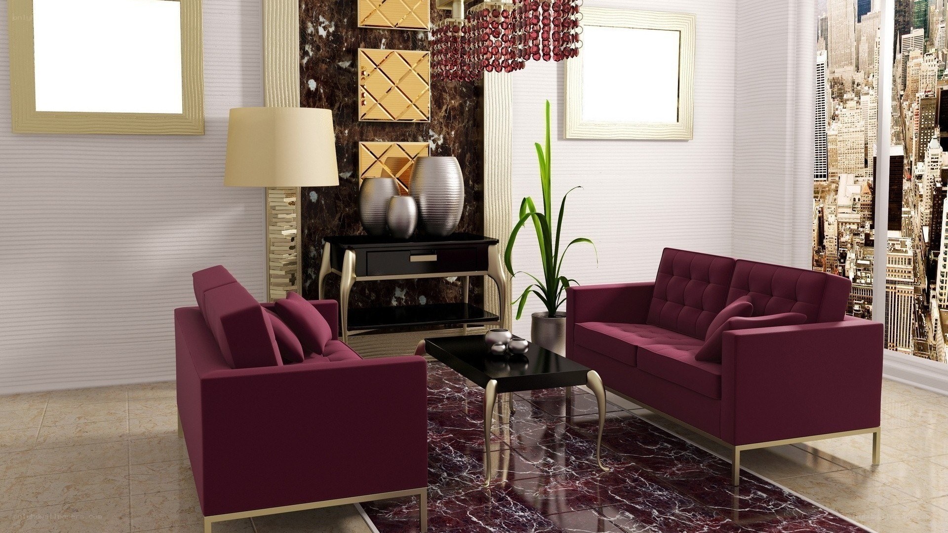 Modern living room with purple sofas