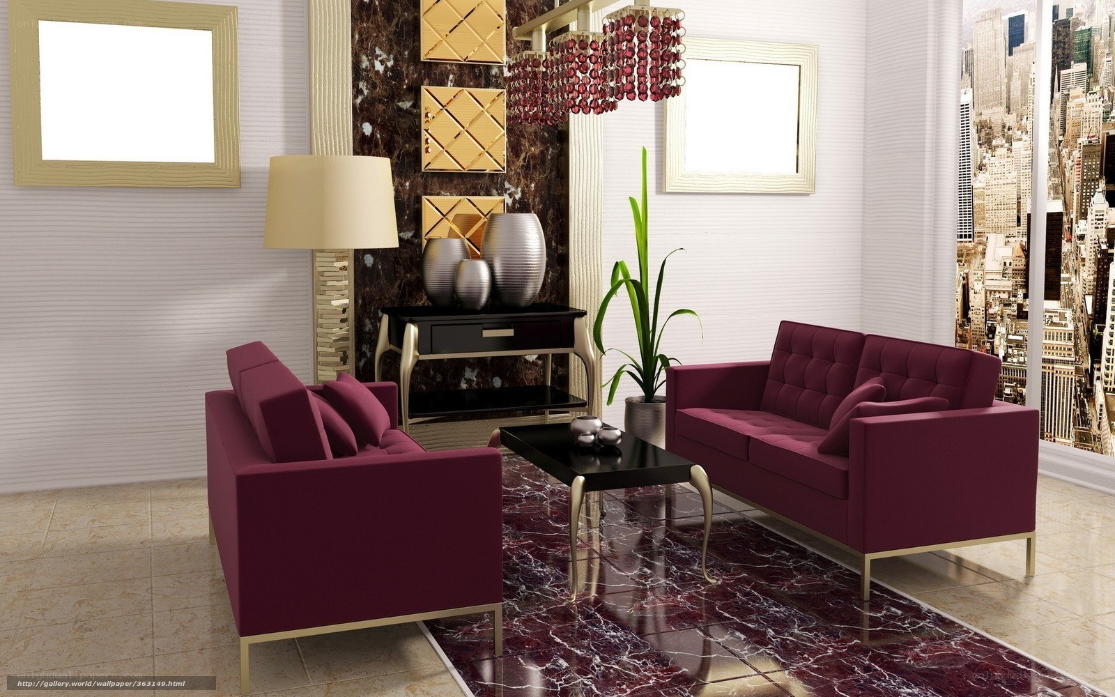 Modern living room with purple sofas