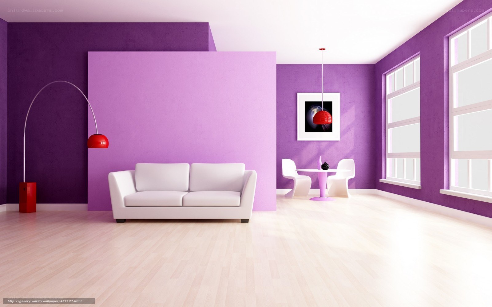 Modern living room with purple walls