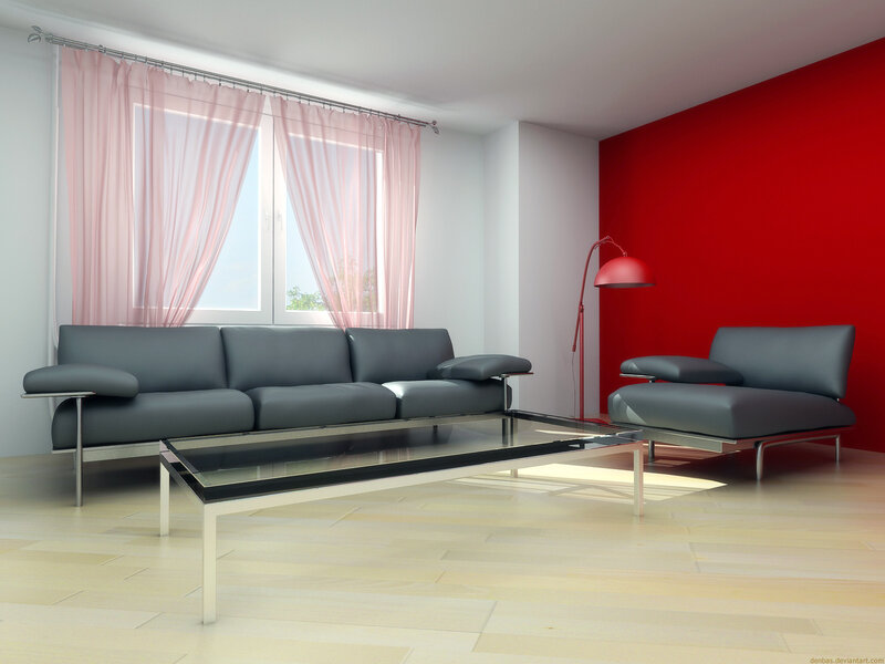 Modern living room with red accent wall