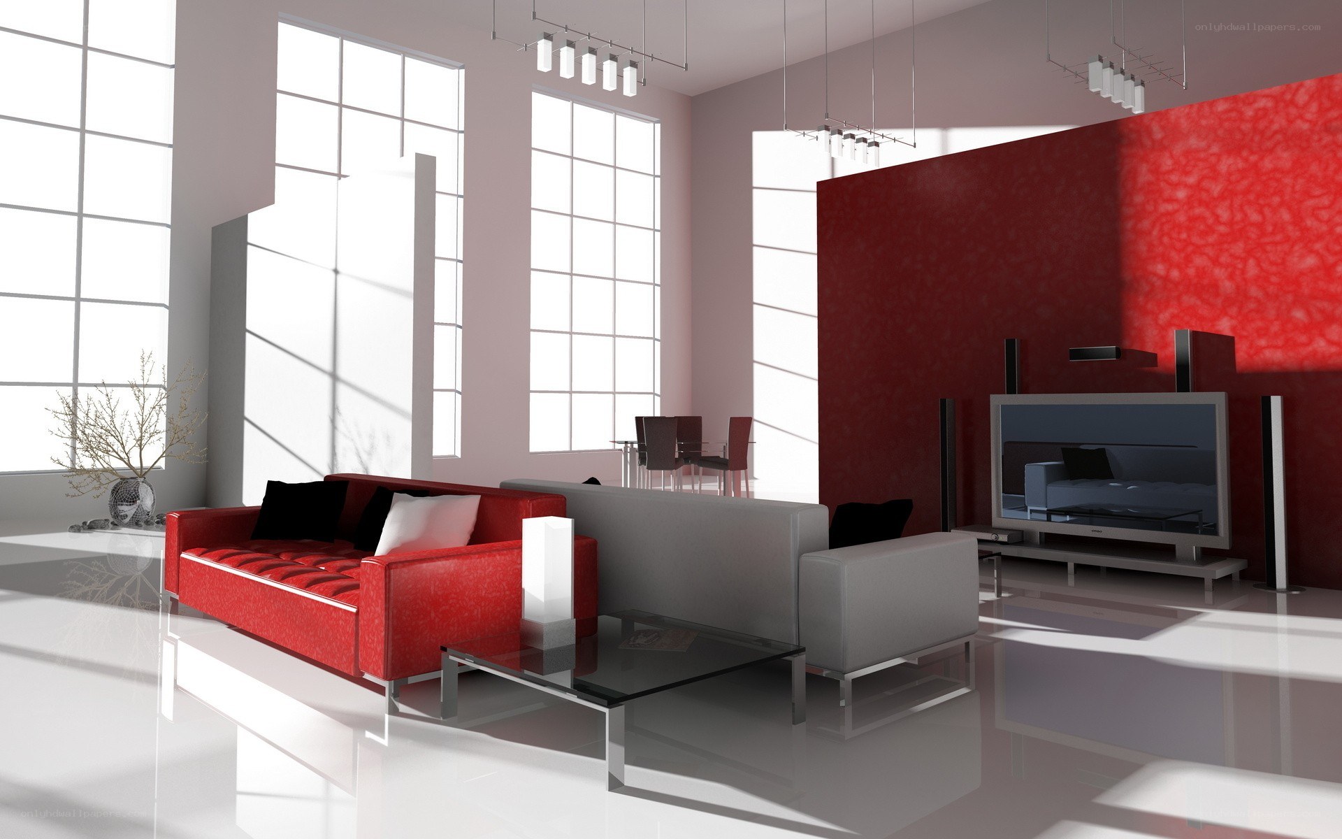 Modern living room with red accent