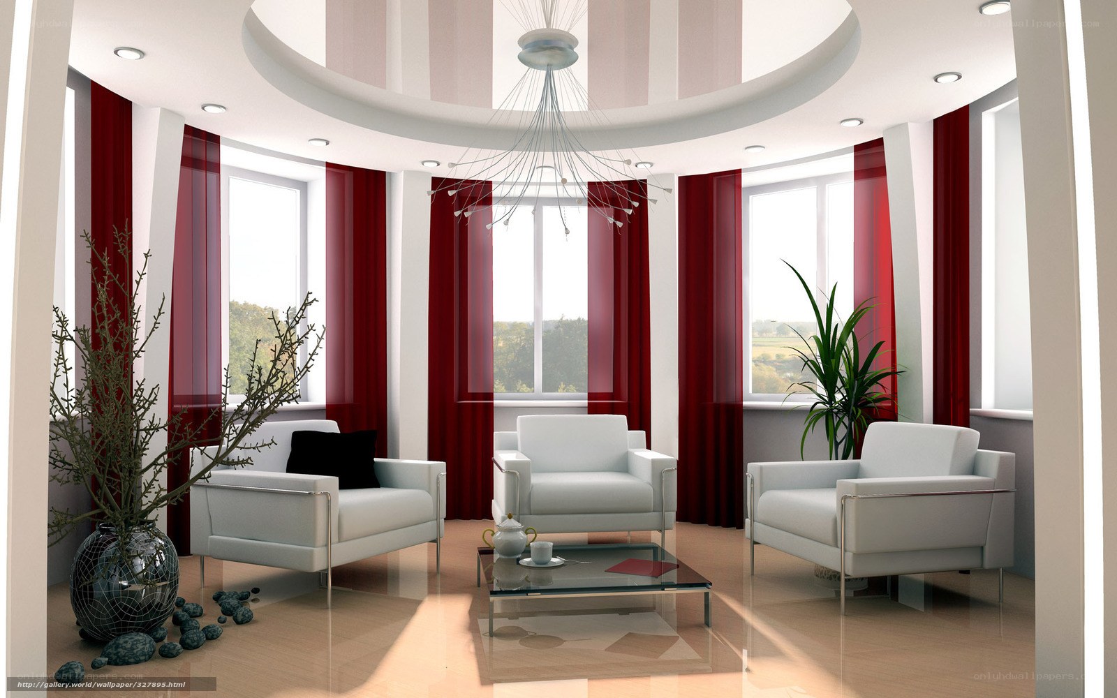 Modern living room with red accents