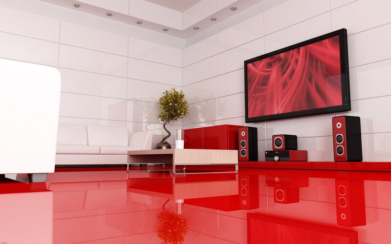Modern living room with red accents