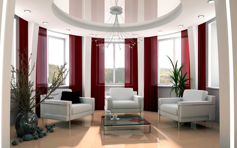 Modern living room with red accents