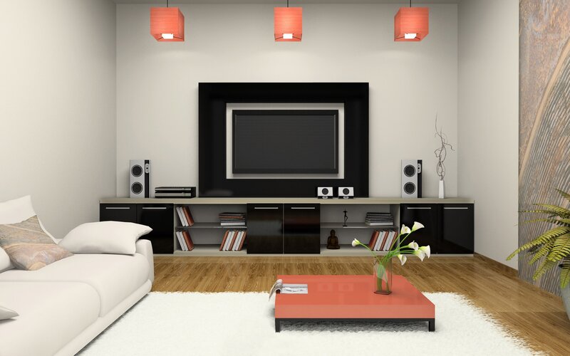 Modern living room with red accents