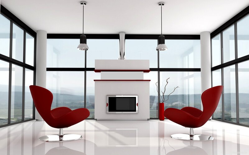 Modern living room with red chairs